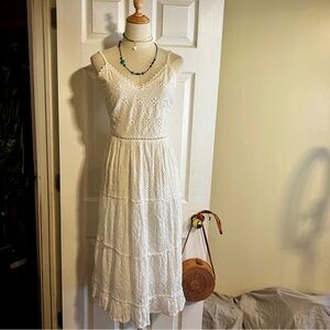 Me 2 Magic Wms White Eyelet Tiered Ruffle Cottagecore Boho Peasant Midi Dress S